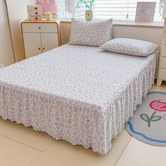 91家纺网 家纺一手货源 找家纺 莎臣豹 2025新款A类云感木棉皱皱纱双层纱床裙可配二三件套 蝶影清韵