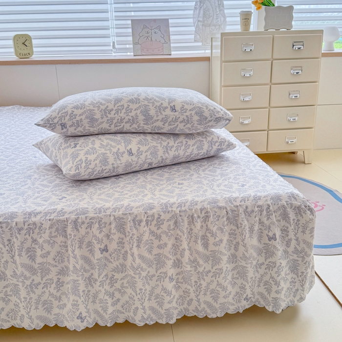 91家纺网 家纺一手货源 找家纺 莎臣豹 2025新款A类云感木棉皱皱纱双层纱床裙可配二三件套 蝶影清韵