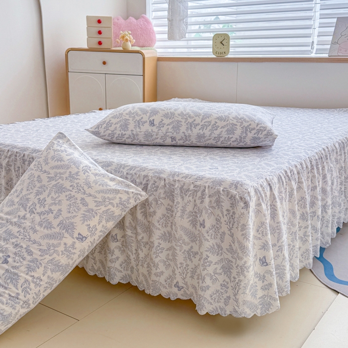 91家纺网 家纺一手货源 找家纺 莎臣豹 2025新款A类云感木棉皱皱纱双层纱床裙可配二三件套 蝶影清韵