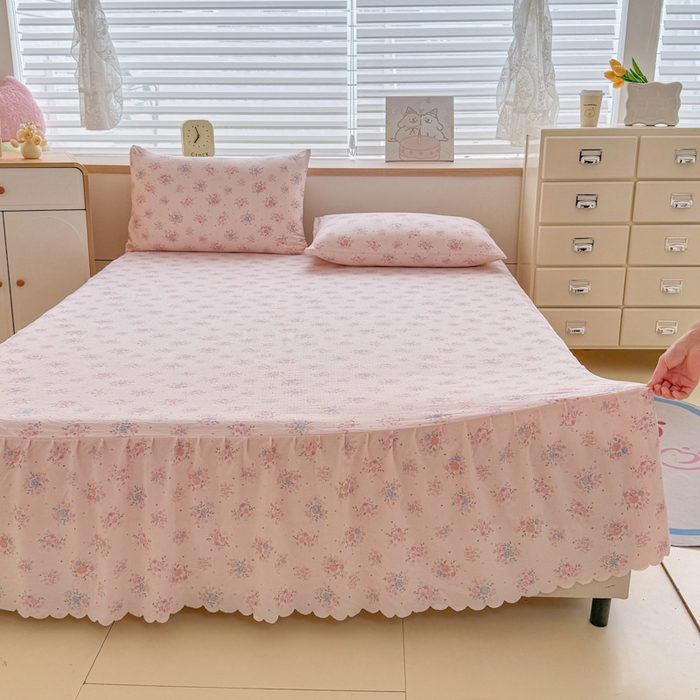 莎臣豹 2025新款A类云感木棉皱皱纱双层纱床裙可配二三件套 粉黛花园