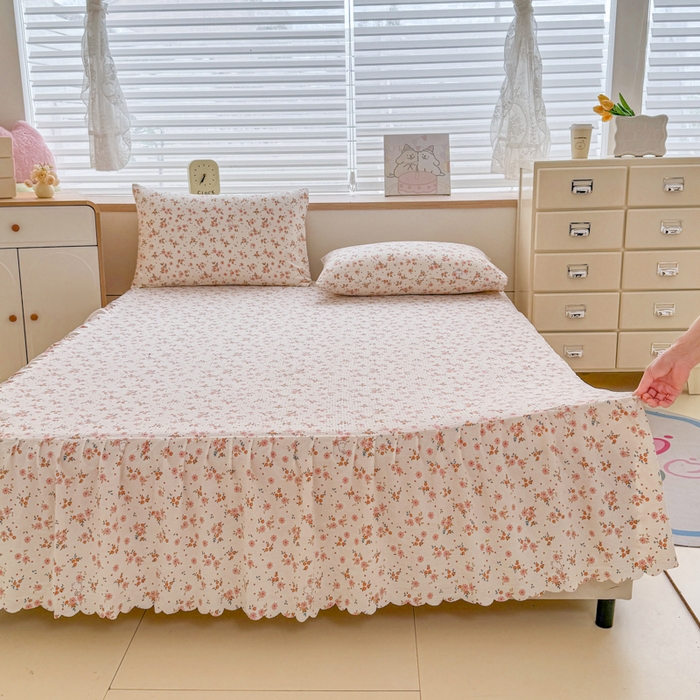 莎臣豹 2025新款A类云感木棉皱皱纱双层纱床裙可配二三件套 粉桔花园