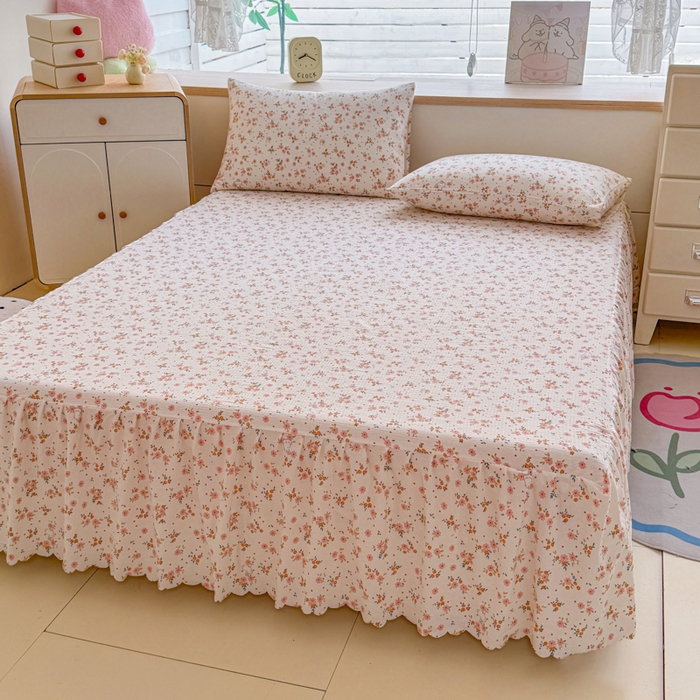 91家纺网 家纺一手货源 找家纺 莎臣豹 2025新款A类云感木棉皱皱纱双层纱床裙可配二三件套 粉桔花园