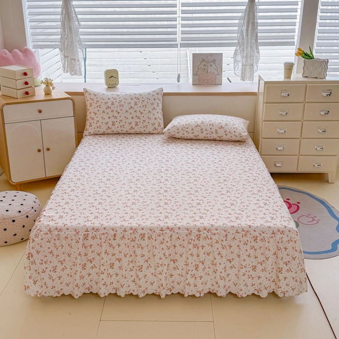 91家纺网 家纺一手货源 找家纺 莎臣豹 2025新款A类云感木棉皱皱纱双层纱床裙可配二三件套 粉桔花园