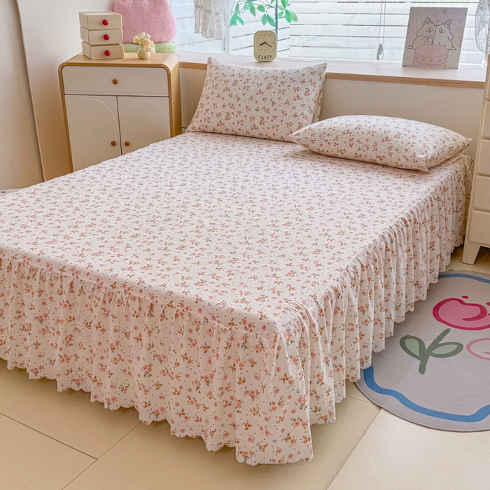 91家纺网 家纺一手货源 找家纺 莎臣豹 2025新款A类云感木棉皱皱纱双层纱床裙可配二三件套 粉桔花园