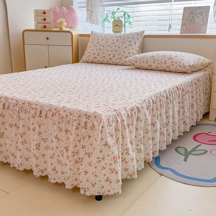 91家纺网 家纺一手货源 找家纺 莎臣豹 2025新款A类云感木棉皱皱纱双层纱床裙可配二三件套 粉桔花园