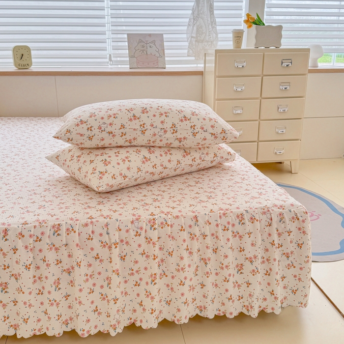 91家纺网 家纺一手货源 找家纺 莎臣豹 2025新款A类云感木棉皱皱纱双层纱床裙可配二三件套 粉桔花园