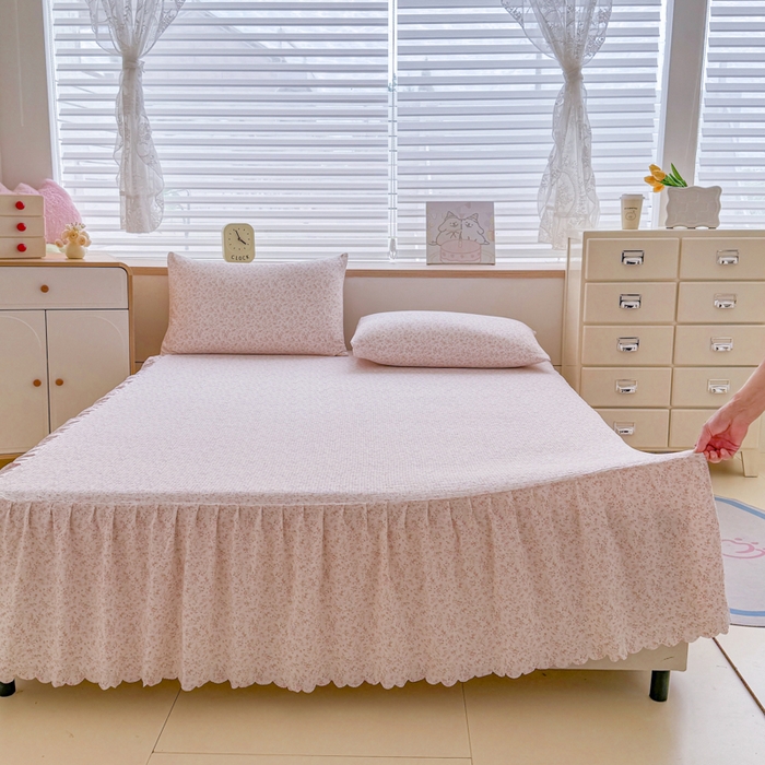 莎臣豹 2025新款A类云感木棉皱皱纱双层纱床裙可配二三件套 粉雾花语