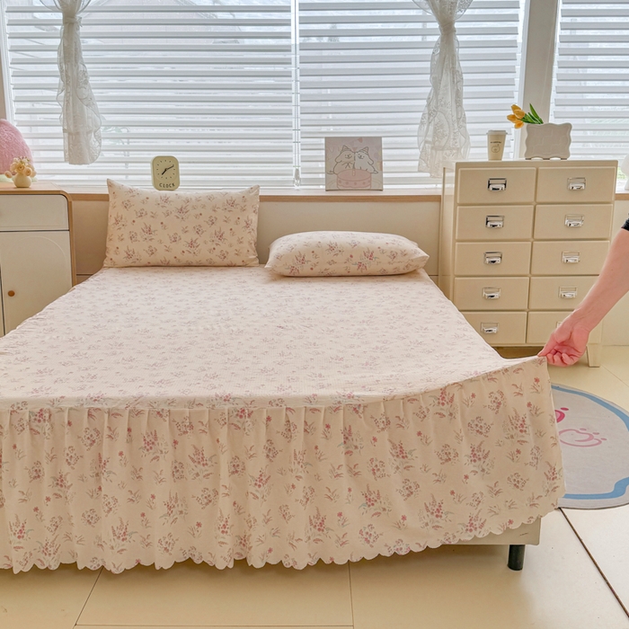 莎臣豹 2025新款A类云感木棉皱皱纱双层纱床裙可配二三件套 粉雪絮语