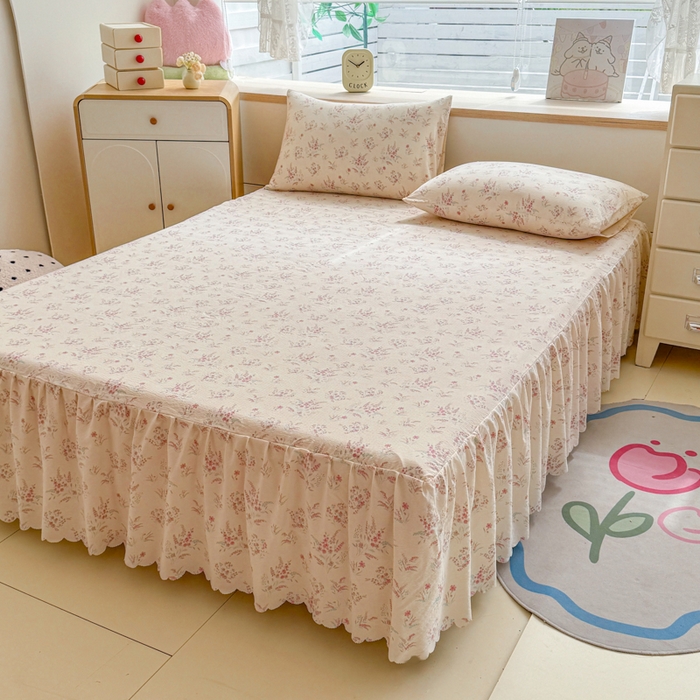 91家纺网 家纺一手货源 找家纺 莎臣豹 2025新款A类云感木棉皱皱纱双层纱床裙可配二三件套 粉雪絮语