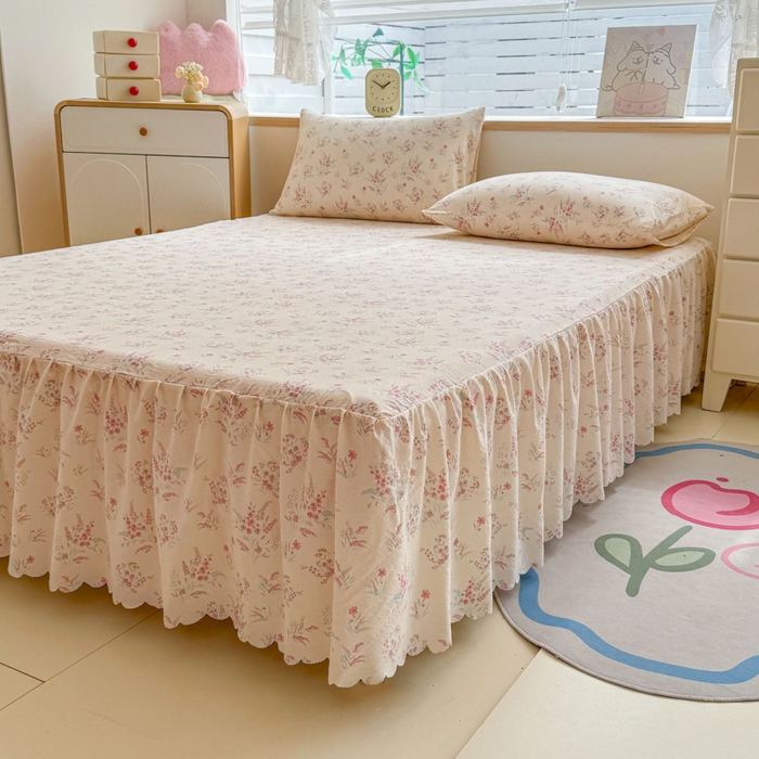 91家纺网 家纺一手货源 找家纺 莎臣豹 2025新款A类云感木棉皱皱纱双层纱床裙可配二三件套 粉雪絮语