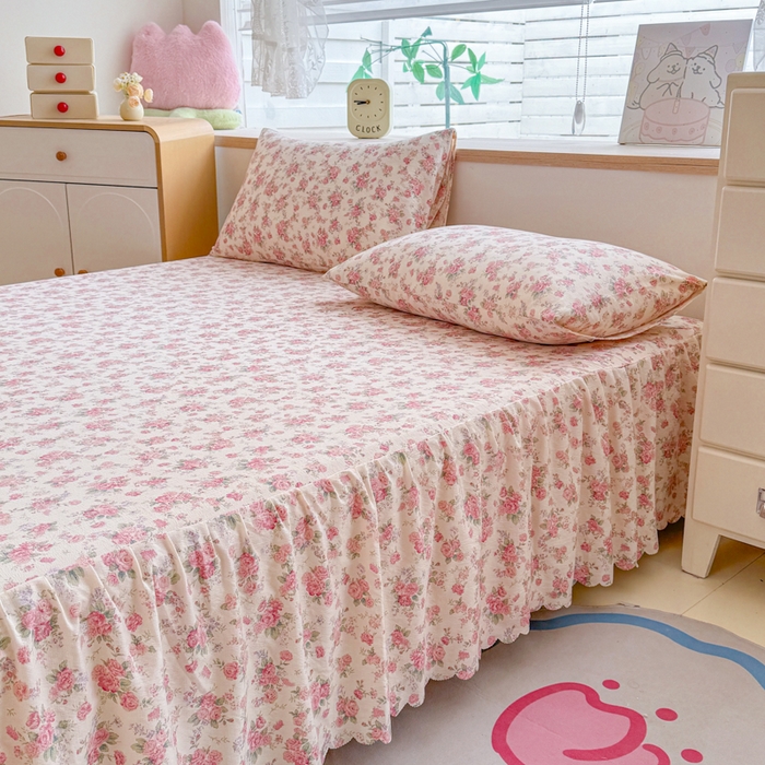 91家纺网 家纺一手货源 找家纺 莎臣豹 2025新款A类云感木棉皱皱纱双层纱床裙可配二三件套 花影织梦