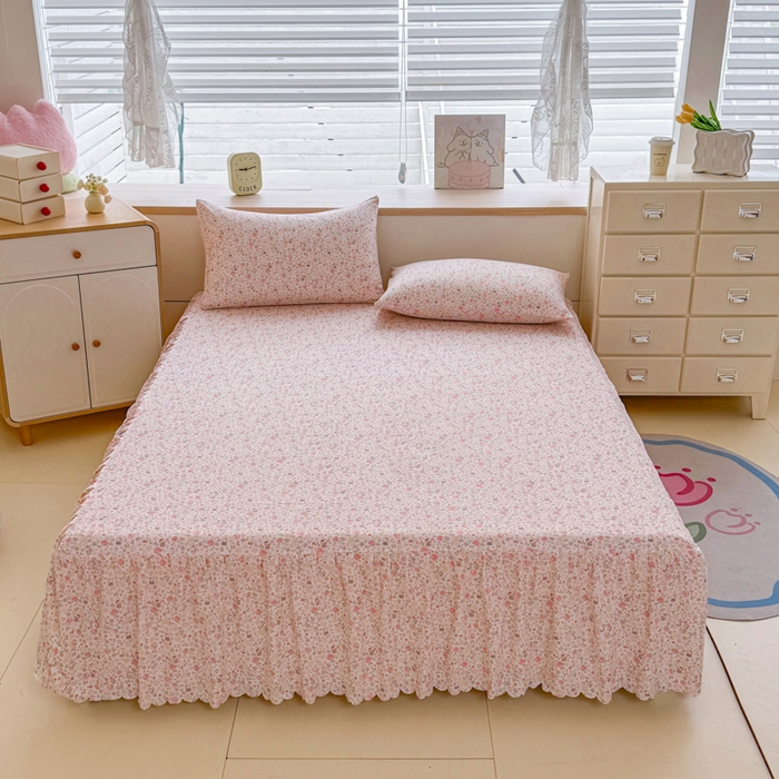 91家纺网 家纺一手货源 找家纺 莎臣豹 2025新款A类云感木棉皱皱纱双层纱床裙可配二三件套 玫瑰絮语