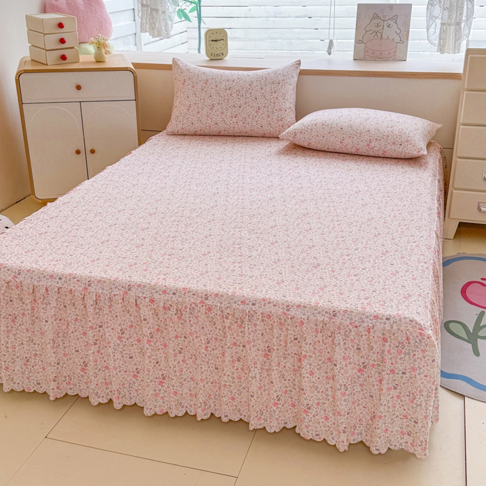 91家纺网 家纺一手货源 找家纺 莎臣豹 2025新款A类云感木棉皱皱纱双层纱床裙可配二三件套 玫瑰絮语