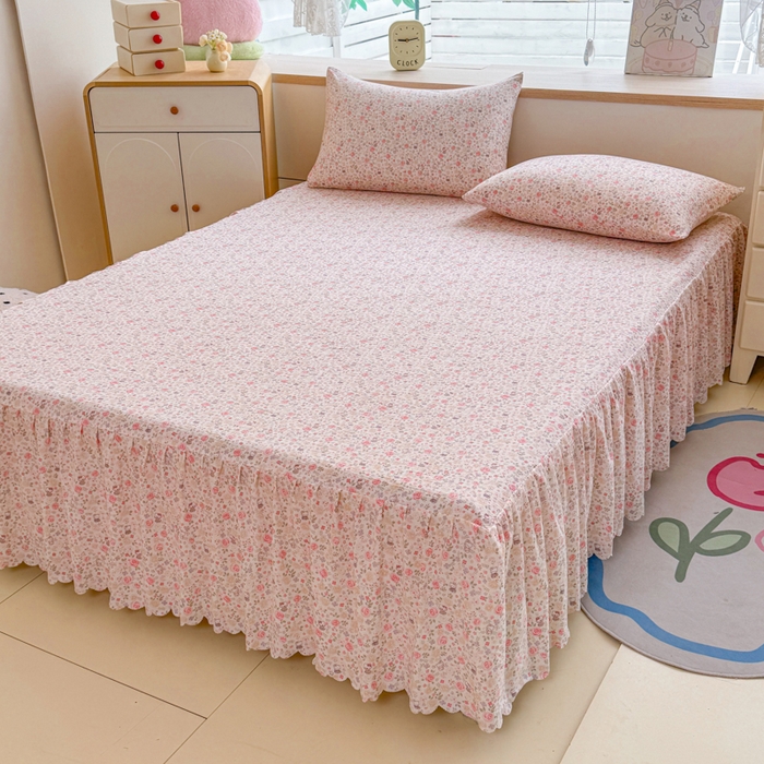 91家纺网 家纺一手货源 找家纺 莎臣豹 2025新款A类云感木棉皱皱纱双层纱床裙可配二三件套 玫瑰絮语