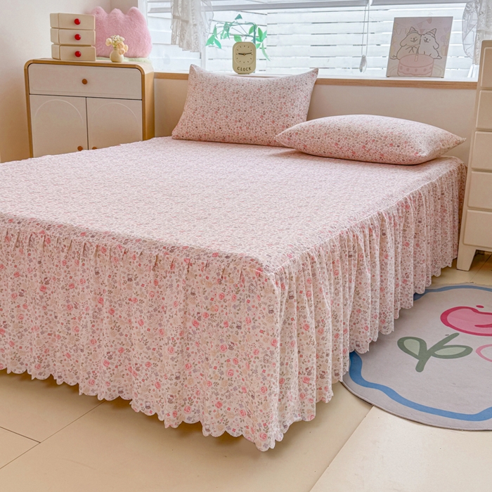 91家纺网 家纺一手货源 找家纺 莎臣豹 2025新款A类云感木棉皱皱纱双层纱床裙可配二三件套 玫瑰絮语