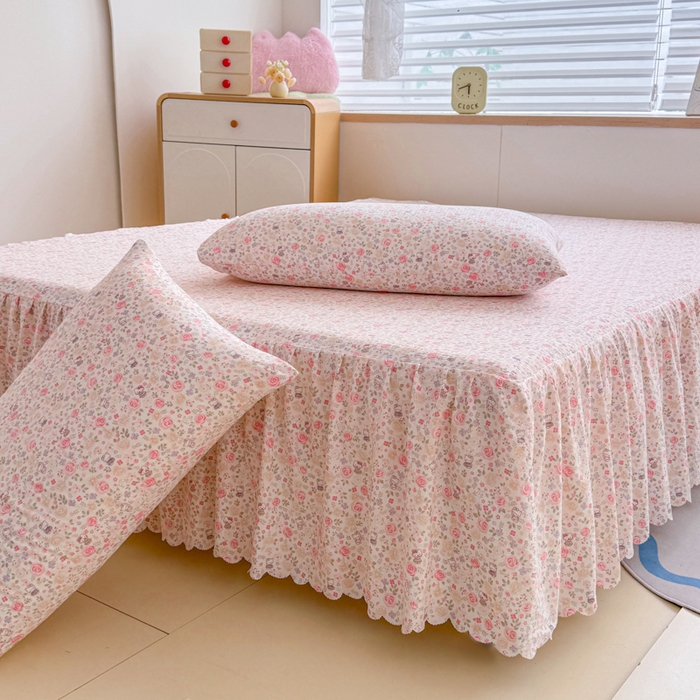 91家纺网 家纺一手货源 找家纺 莎臣豹 2025新款A类云感木棉皱皱纱双层纱床裙可配二三件套 玫瑰絮语