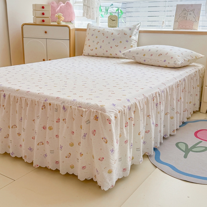 91家纺网 家纺一手货源 找家纺 莎臣豹 2025新款A类云感木棉皱皱纱双层纱床裙可配二三件套 萌宠乐园