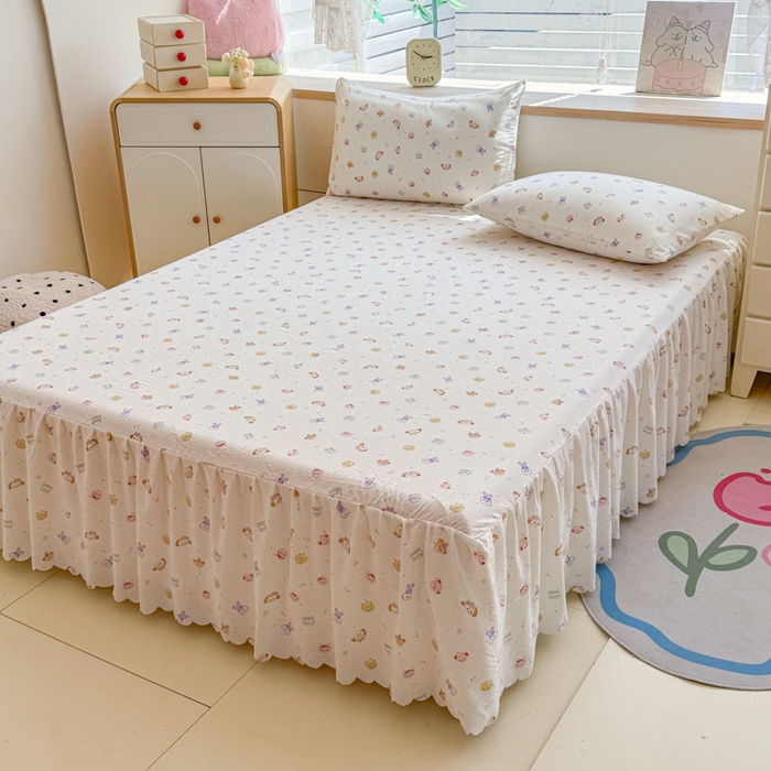 91家纺网 家纺一手货源 找家纺 莎臣豹 2025新款A类云感木棉皱皱纱双层纱床裙可配二三件套 萌宠乐园