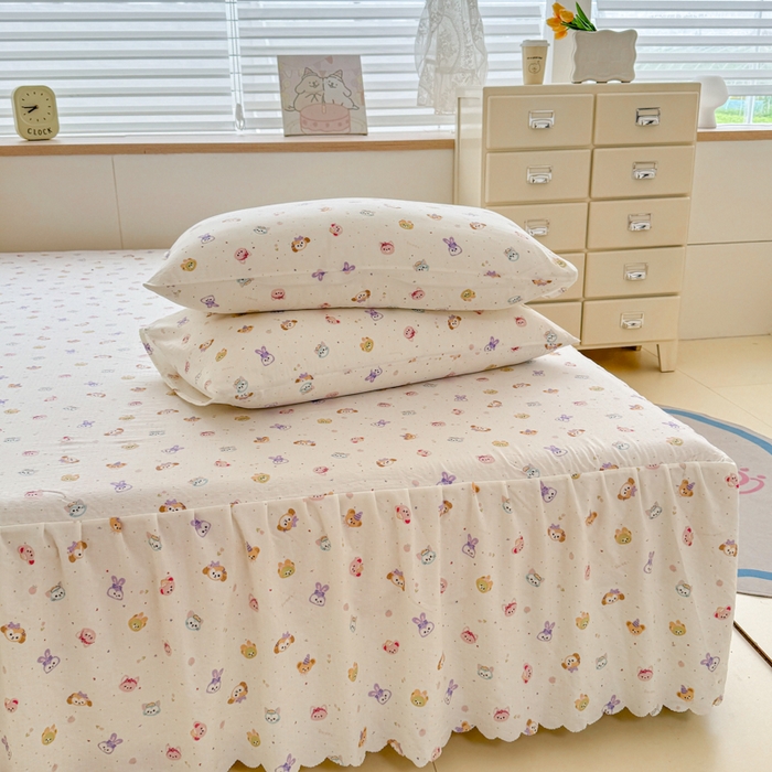 91家纺网 家纺一手货源 找家纺 莎臣豹 2025新款A类云感木棉皱皱纱双层纱床裙可配二三件套 萌宠乐园