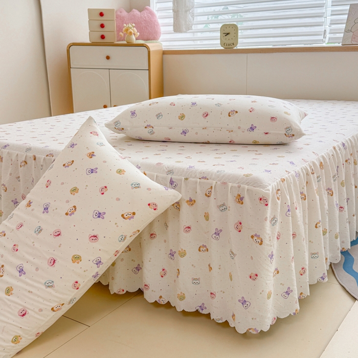 91家纺网 家纺一手货源 找家纺 莎臣豹 2025新款A类云感木棉皱皱纱双层纱床裙可配二三件套 萌宠乐园