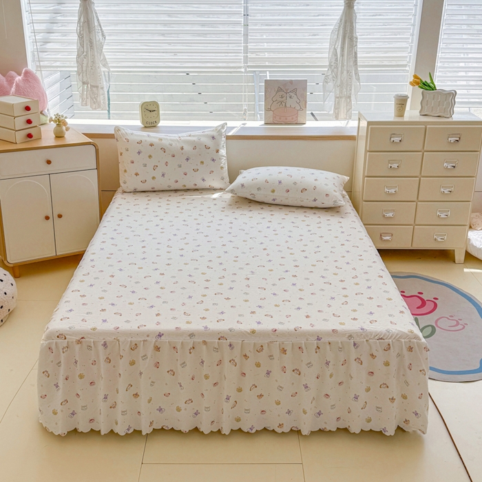 91家纺网 家纺一手货源 找家纺 莎臣豹 2025新款A类云感木棉皱皱纱双层纱床裙可配二三件套 萌宠乐园