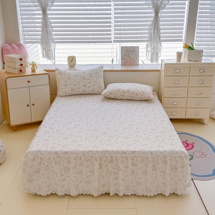 91家纺网 家纺一手货源 找家纺 莎臣豹 2025新款A类云感木棉皱皱纱双层纱床裙可配二三件套 蜜露纱紫