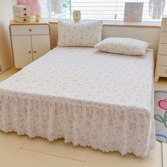 91家纺网 家纺一手货源 找家纺 莎臣豹 2025新款A类云感木棉皱皱纱双层纱床裙可配二三件套 蜜露纱紫