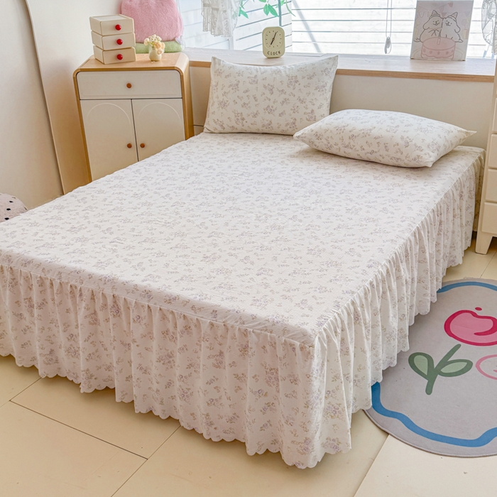 91家纺网 家纺一手货源 找家纺 莎臣豹 2025新款A类云感木棉皱皱纱双层纱床裙可配二三件套 蜜露纱紫