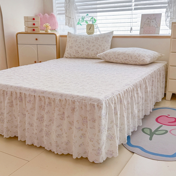 91家纺网 家纺一手货源 找家纺 莎臣豹 2025新款A类云感木棉皱皱纱双层纱床裙可配二三件套 蜜露纱紫