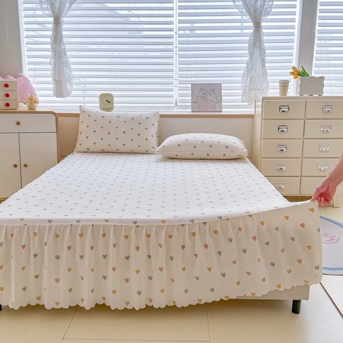 莎臣豹 2025新款A类云感木棉皱皱纱双层纱床裙可配二三件套 蜜糖心语