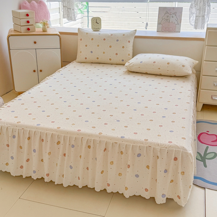 91家纺网 家纺一手货源 找家纺 莎臣豹 2025新款A类云感木棉皱皱纱双层纱床裙可配二三件套 南瓜物语