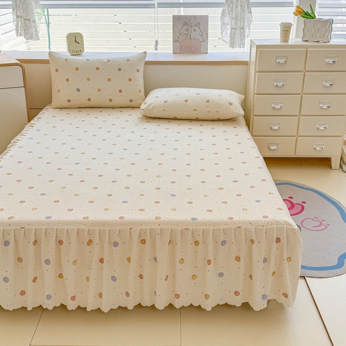 91家纺网 家纺一手货源 找家纺 莎臣豹 2025新款A类云感木棉皱皱纱双层纱床裙可配二三件套 南瓜物语