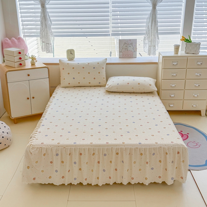 91家纺网 家纺一手货源 找家纺 莎臣豹 2025新款A类云感木棉皱皱纱双层纱床裙可配二三件套 南瓜物语