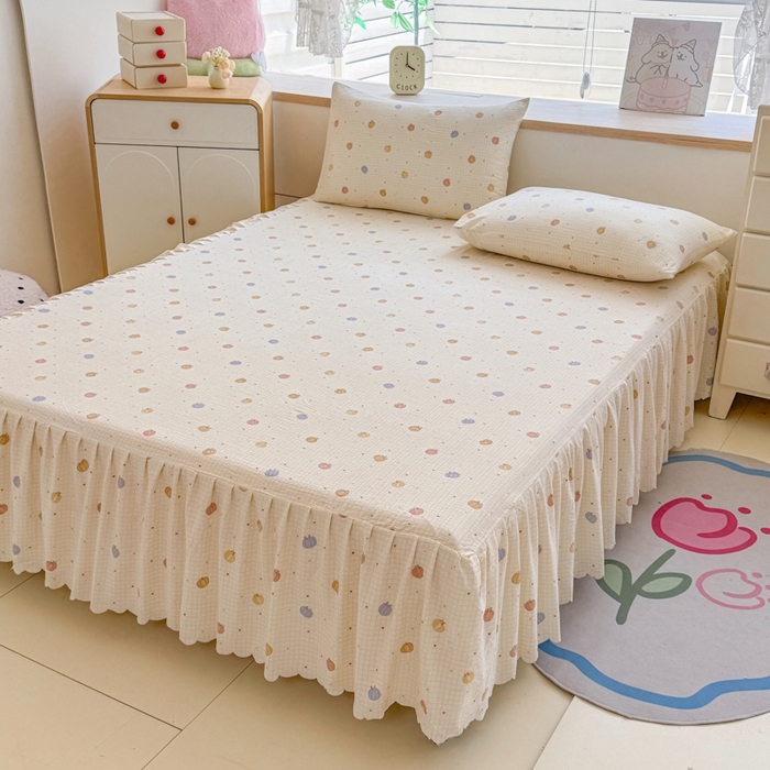 91家纺网 家纺一手货源 找家纺 莎臣豹 2025新款A类云感木棉皱皱纱双层纱床裙可配二三件套 南瓜物语