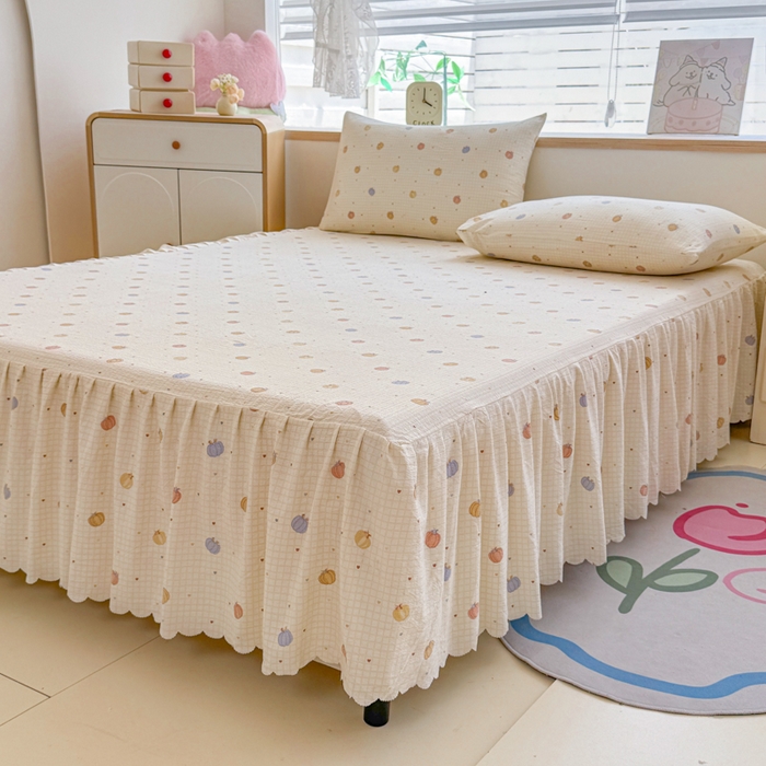 91家纺网 家纺一手货源 找家纺 莎臣豹 2025新款A类云感木棉皱皱纱双层纱床裙可配二三件套 南瓜物语