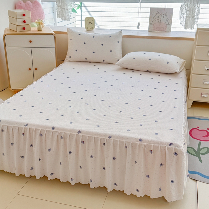 91家纺网 家纺一手货源 找家纺 莎臣豹 2025新款A类云感木棉皱皱纱双层纱床裙可配二三件套 趣萌小象