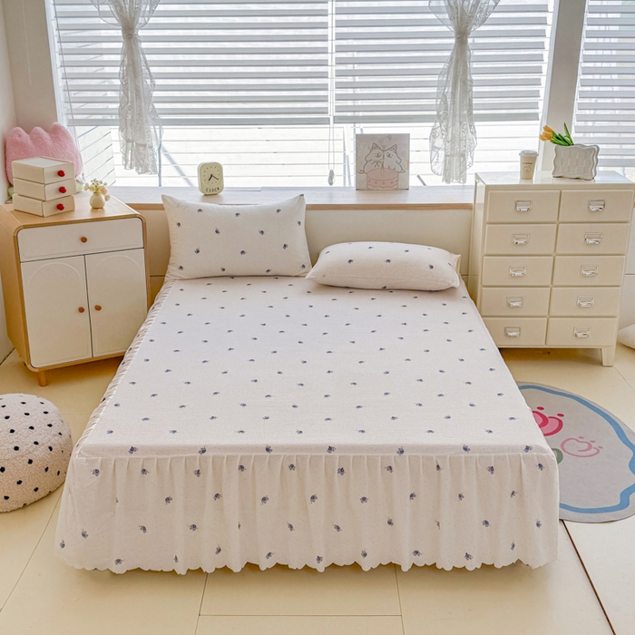 91家纺网 家纺一手货源 找家纺 莎臣豹 2025新款A类云感木棉皱皱纱双层纱床裙可配二三件套 趣萌小象