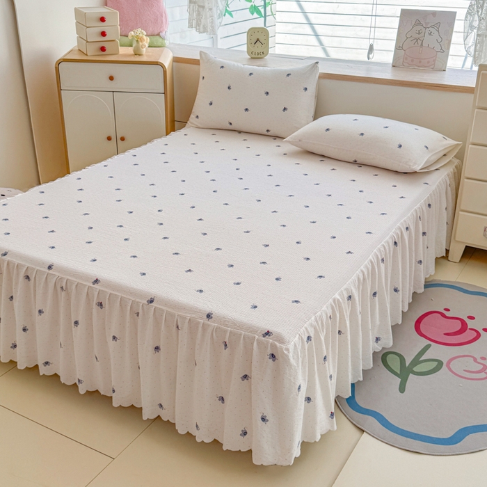 91家纺网 家纺一手货源 找家纺 莎臣豹 2025新款A类云感木棉皱皱纱双层纱床裙可配二三件套 趣萌小象