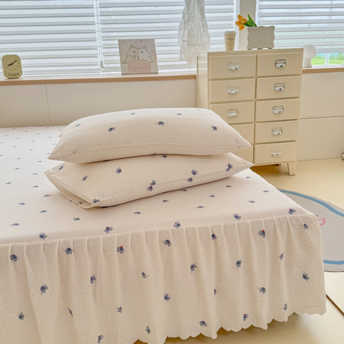 91家纺网 家纺一手货源 找家纺 莎臣豹 2025新款A类云感木棉皱皱纱双层纱床裙可配二三件套 趣萌小象