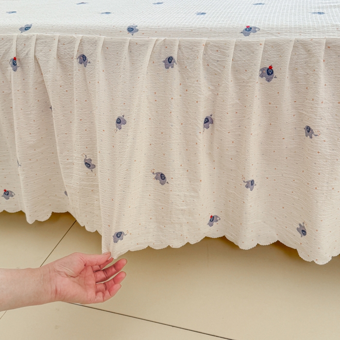 91家纺网 家纺一手货源 找家纺 莎臣豹 2025新款A类云感木棉皱皱纱双层纱床裙可配二三件套 趣萌小象