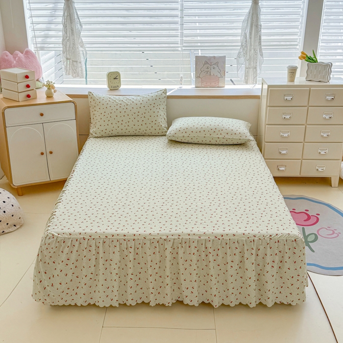 91家纺网 家纺一手货源 找家纺 莎臣豹 2025新款A类云感木棉皱皱纱双层纱床裙可配二三件套 樱络