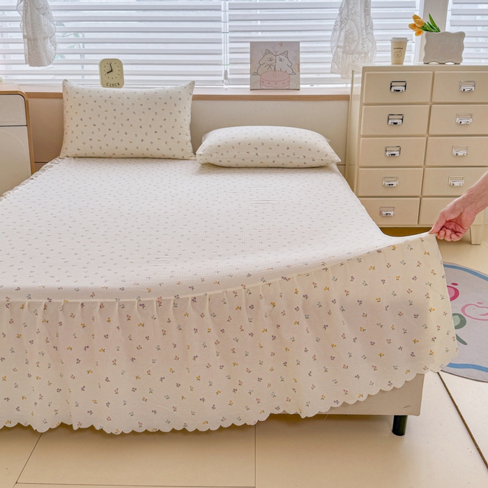 莎臣豹 2025新款A类云感木棉皱皱纱双层纱床裙可配二三件套 樱桃蜜语