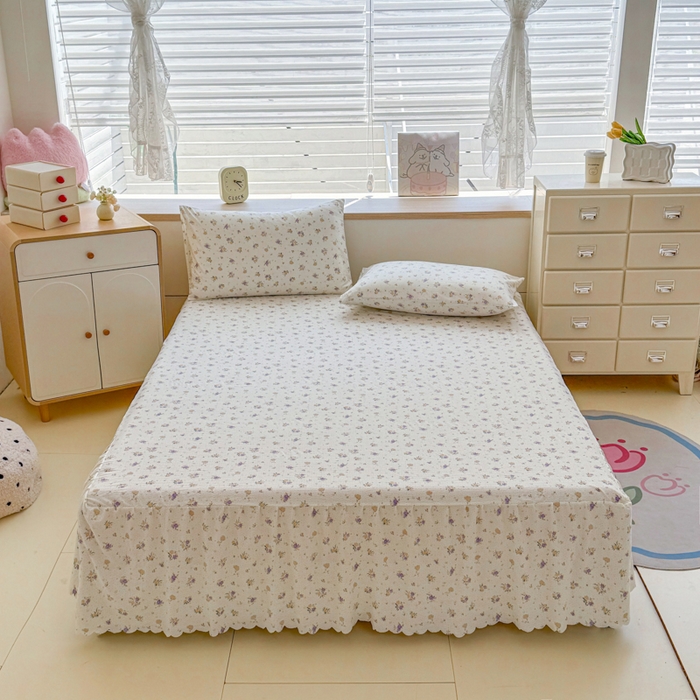 91家纺网 家纺一手货源 找家纺 莎臣豹 2025新款A类云感木棉皱皱纱双层纱床裙可配二三件套 紫韵晨光