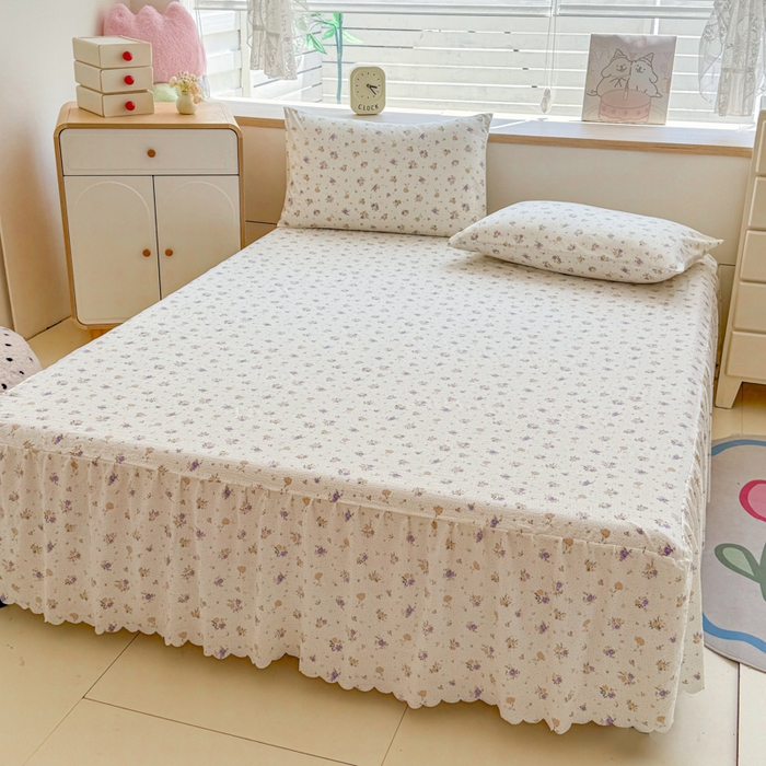 91家纺网 家纺一手货源 找家纺 莎臣豹 2025新款A类云感木棉皱皱纱双层纱床裙可配二三件套 紫韵晨光