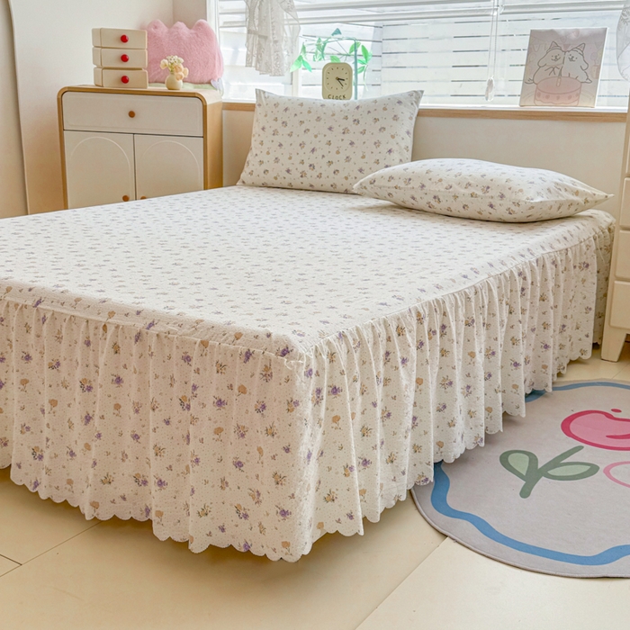 91家纺网 家纺一手货源 找家纺 莎臣豹 2025新款A类云感木棉皱皱纱双层纱床裙可配二三件套 紫韵晨光