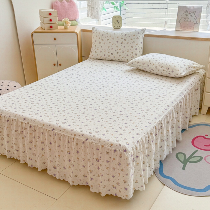 91家纺网 家纺一手货源 找家纺 莎臣豹 2025新款A类云感木棉皱皱纱双层纱床裙可配二三件套 紫韵晨光