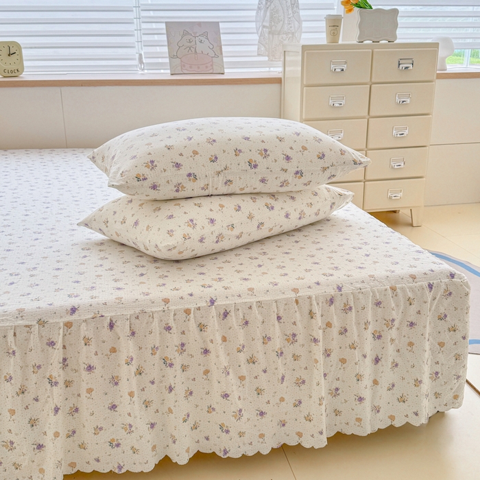 91家纺网 家纺一手货源 找家纺 莎臣豹 2025新款A类云感木棉皱皱纱双层纱床裙可配二三件套 紫韵晨光