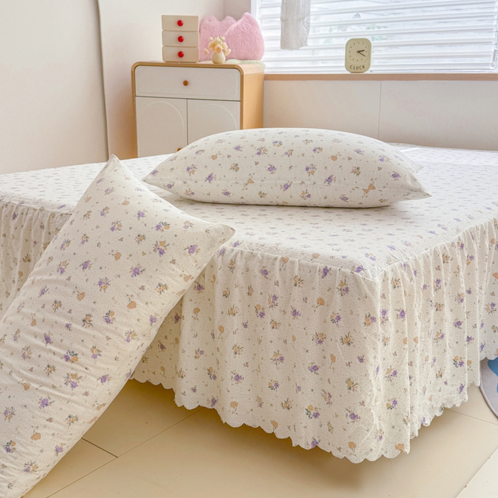 91家纺网 家纺一手货源 找家纺 莎臣豹 2025新款A类云感木棉皱皱纱双层纱床裙可配二三件套 紫韵晨光