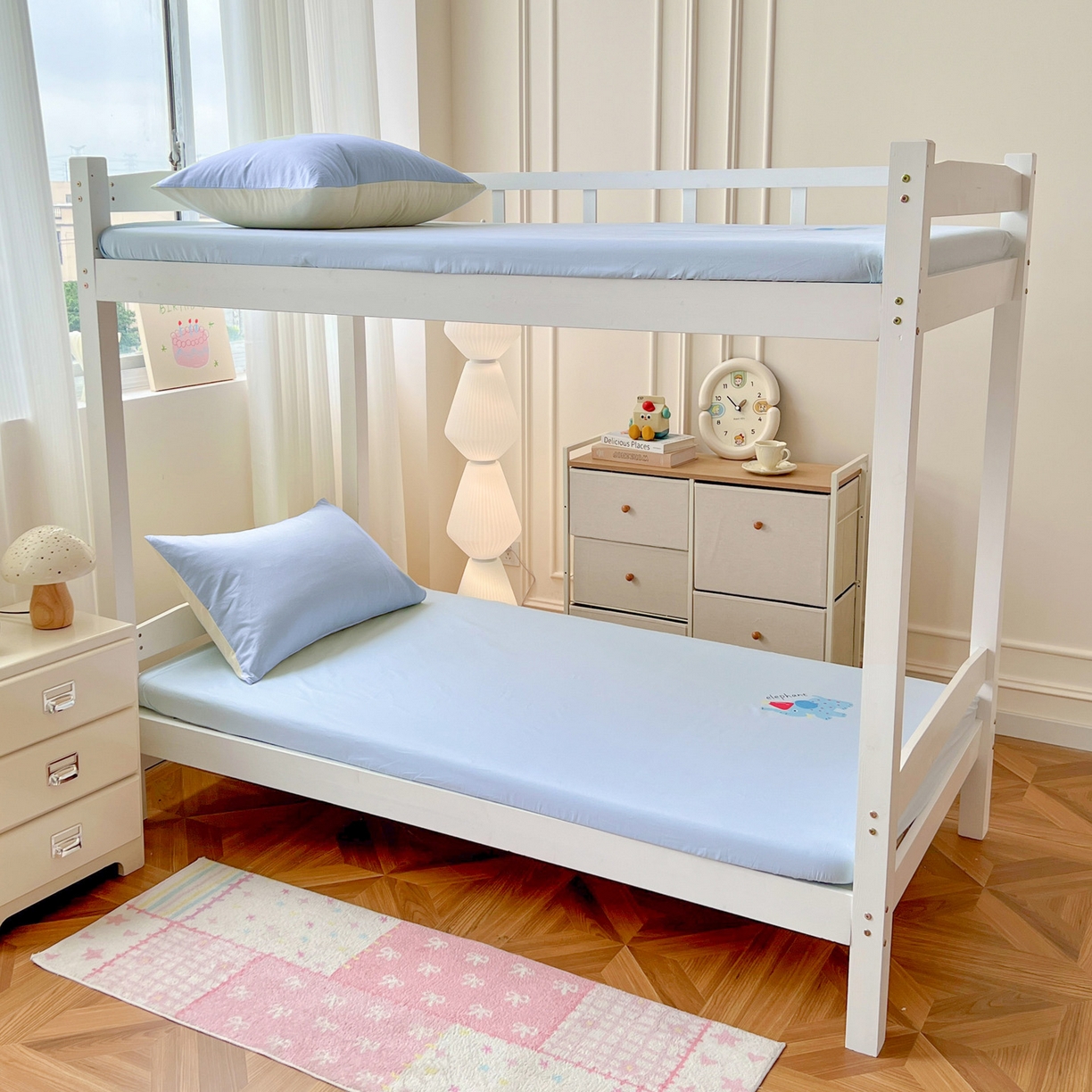 91家纺网 家纺一手货源 找家纺  泽西2025新品A类13376加密全棉卡通床笠三件套纯棉学生宿舍单床笠 福小象-晴空蓝