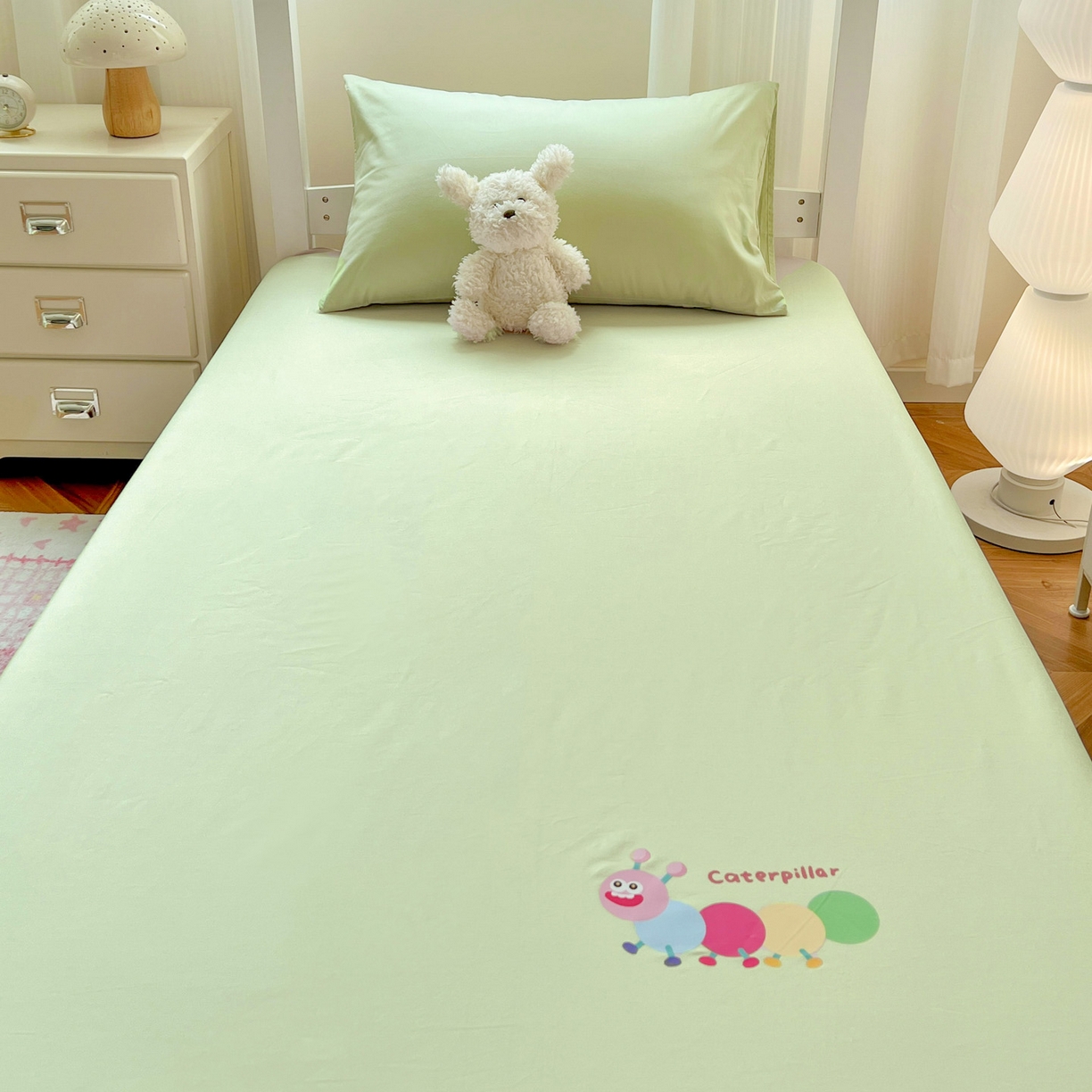 91家纺网 家纺一手货源 找家纺  泽西2025新品A类13376加密全棉卡通床笠三件套纯棉学生宿舍单床笠 淘气虫-橄榄绿